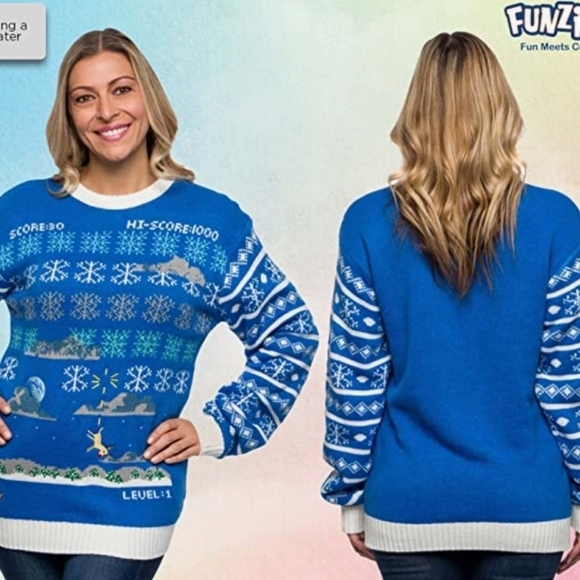 Funziez! Space Invadors Snowflake Ugly Christmas Sweater Size XL - Picture 2 of 9